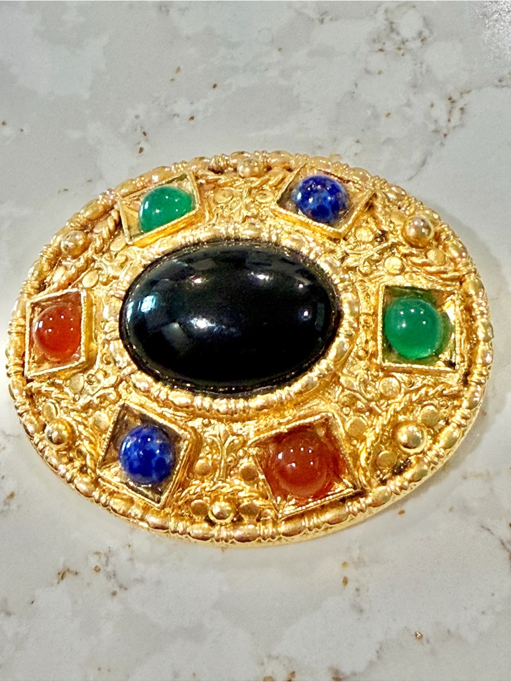 Byzantine Statement Brooch Pin Multi Cabochon Ornate Gold vintage 80’s